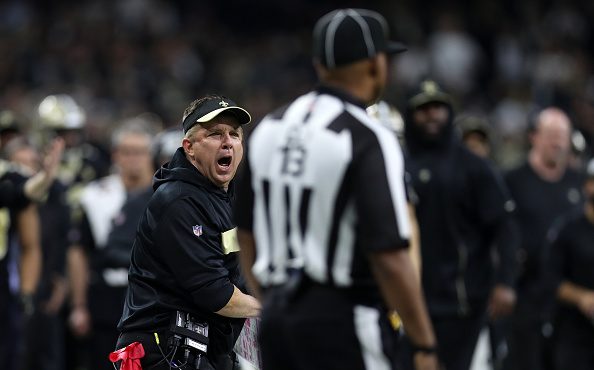 Head coach Sean Payton of the New Orleans Saints reacts after a no-call between Tommylee Lewis #11 ...