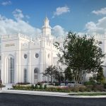 New temple annex perspective showing the west tower of the St. George Utah Temple