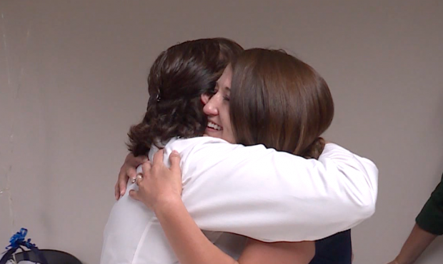 Patient Amanda Grow thanks nurse Holli Barbera for helping her through a difficult recovery after c...