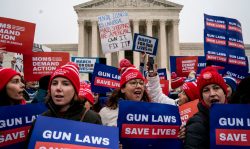 Gun safety advocates rally in front of the U.S. Supreme Court before during oral arguments in the Second Amendment case NY State Rifle & Pistol v. City of New York, NY on December 2, 2019 in Washington, DC. Several gun owners and the NRA's New York affiliate challenged New York City laws concerning handgun ownership and and they contend the citys gun license laws are overly restrictive and potentially unconstitutional. (Photo by Drew Angerer/Getty Images)