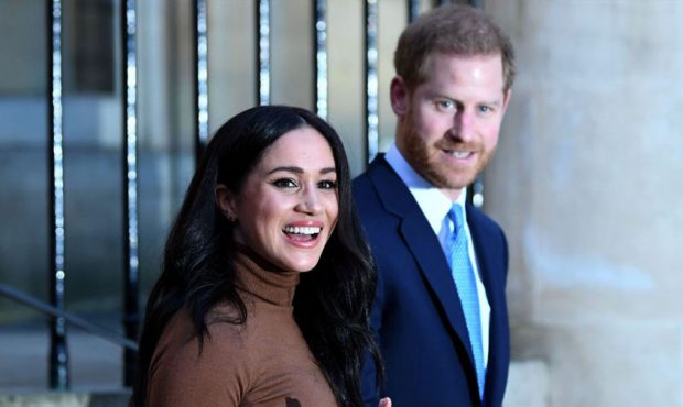Prince Harry, Duke of Sussex and Meghan, Duchess of Sussex react after their visit to Canada House ...