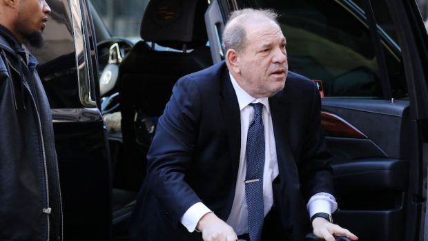 Harvey Weinstein arrives at Manhattan criminal court house as a jury continues with deliberations on February 21, 2020 in New York City. Weinstein, a movie producer whose alleged sexual misconduct helped spark the #MeToo movement, pleaded not-guilty on five counts of rape and sexual assault against two unnamed women and faces a possible life sentence in prison. (Photo by Spencer Platt/Getty Images)