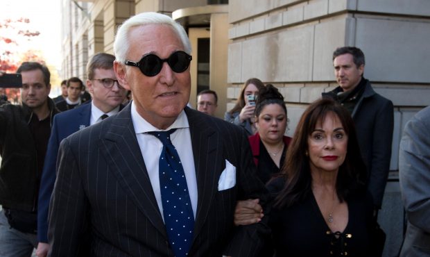In this Nov. 15, 2019, file photo, Roger Stone, left, with his wife Nydia Stone, leaves federal cou...