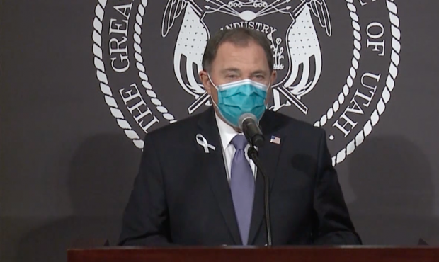 Gov. Gary Herbert conducts a press briefing while wearing a face mask on April 7, 2020....