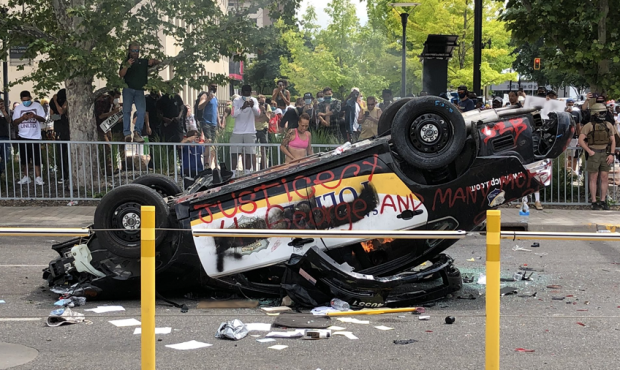 A Salt Lake City police vehicle was destroyed on Saturday, May 30. (Alex Cabrero/KSL TV)...