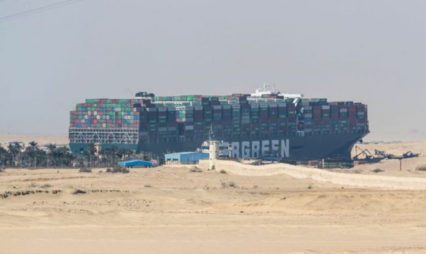The container ship, the Ever Given, is seen at the Suez Canal on March 28, 2021 in Suez, Egypt.  (...