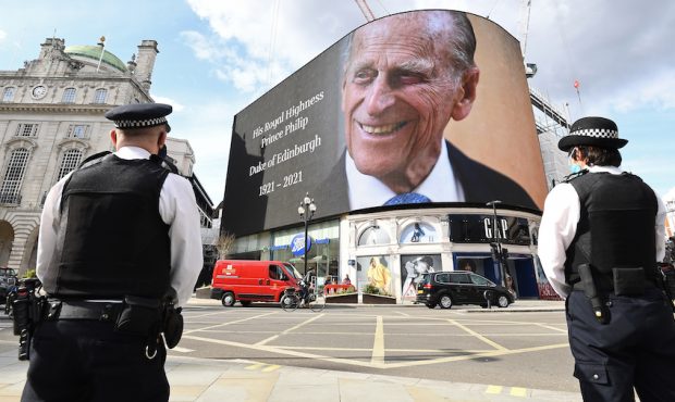 Notice of Prince Philip, Duke of Edinburgh's death is displayed on the large screen at Piccadilly C...