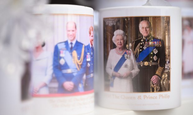 A mug featuring a photograph of Prince Philip, Duke Of Edinburgh who died at age 99, is seen in a g...