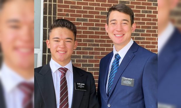 Elder Luke Carter (left) and Elder Eli Fowler (right), missionaries for The Church of Jesus Christ ...