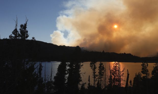 The sun is blocked by smoke from the Caldor Fire as it burns near Caples Lake on August 31, 2021 in...
