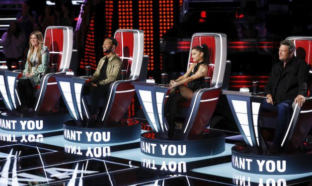 THE VOICE -- "Blind Auditions" -- Pictured: (l-r) Kelly Clarkson, John Legend, Ariana Grande, Blake...