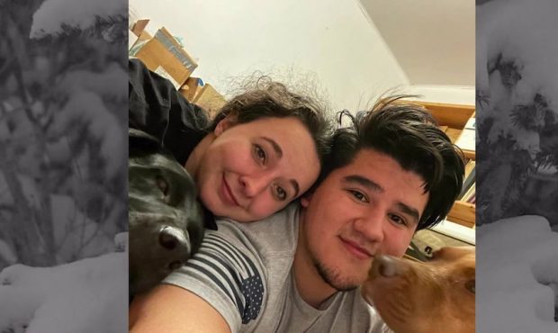 Claire Heeb Carrasco, her husband, and their dogs hunkered down for the night in a room inside the ...