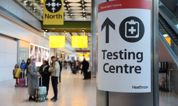 FILE -- A COVID-19 testing centre sign at Heathrow Terminal 5 on November 28, 2021 in London, Engla...