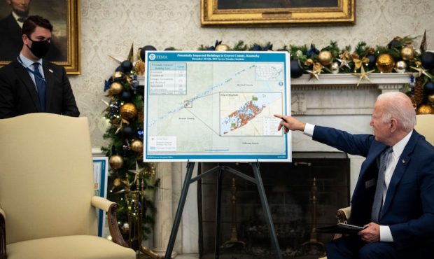 U.S. President Joe Biden speaks during a briefing about the recent tornadoes in the Midwest in the ...