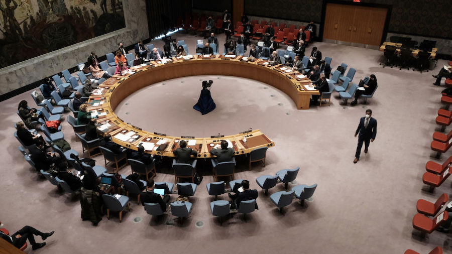 Members of the United Nations Security Council meet to discuss the situation between Russia and Ukr...
