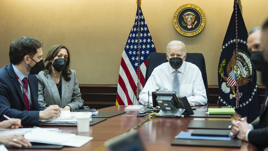 President Biden, Vice President Harris and members of the President’s national security team obse...