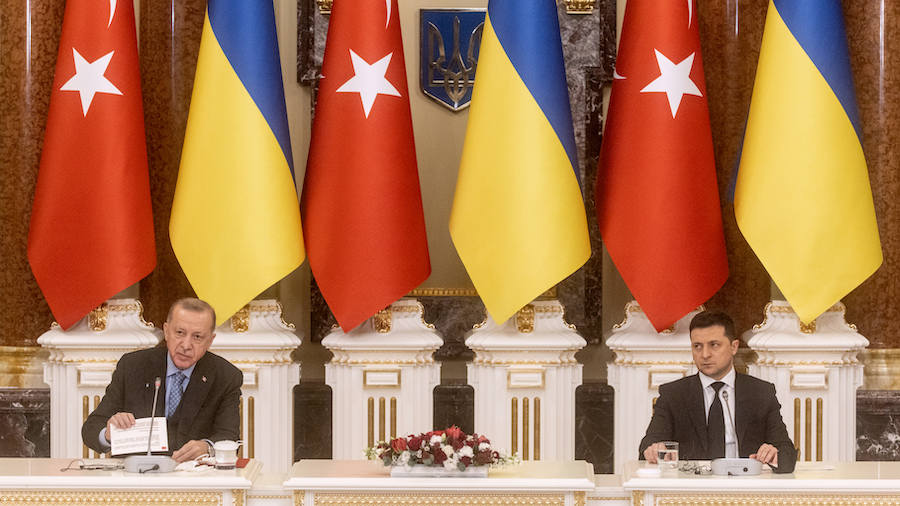 Turkish President Recep Tayyip Erdogan (L) and Ukrainian President Volodymyr Zelensky hold a  joint...
