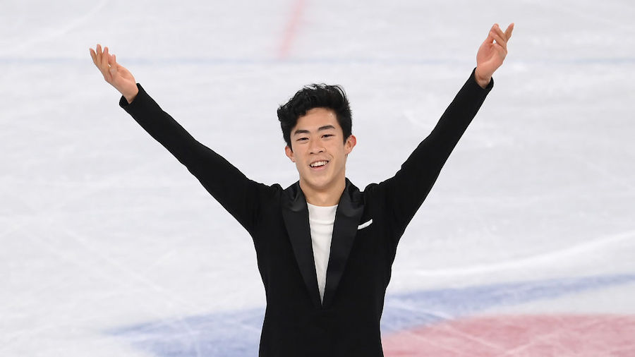 Nathan Chen of Team United States reacts during the Men Single Skating Short Program on day four of...