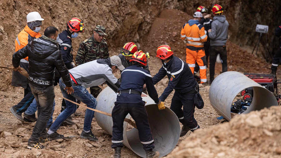Moroccan emergency services teams work to rescue 5-year-old Rayan from a well shaft he fell into on...