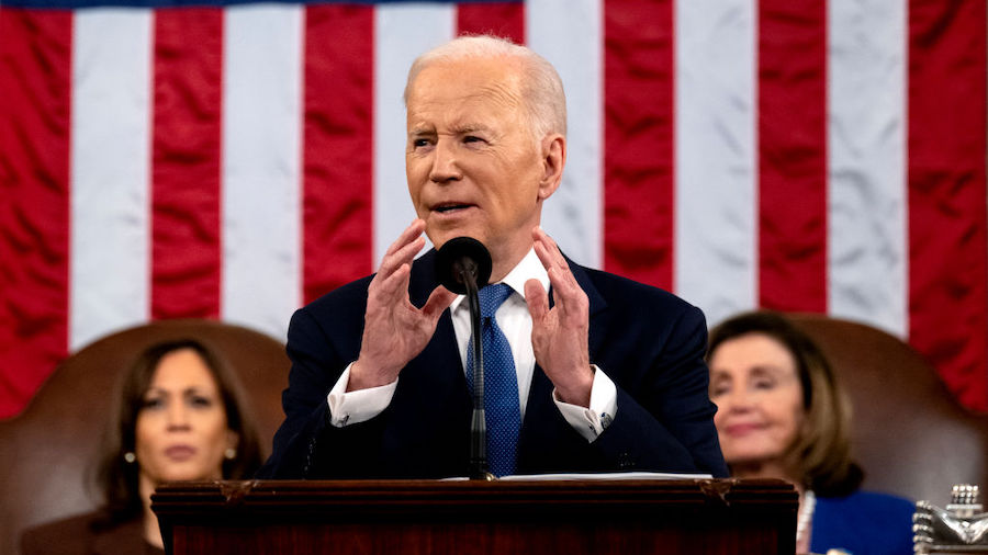 US President Joe Biden delivers the State of the Union address as U.S. Vice President Kamala Harris...