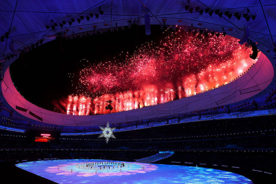 Fireworks are seen as the Olympic cauldron is lit during the Opening Ceremony of the Beijing 2022 W...