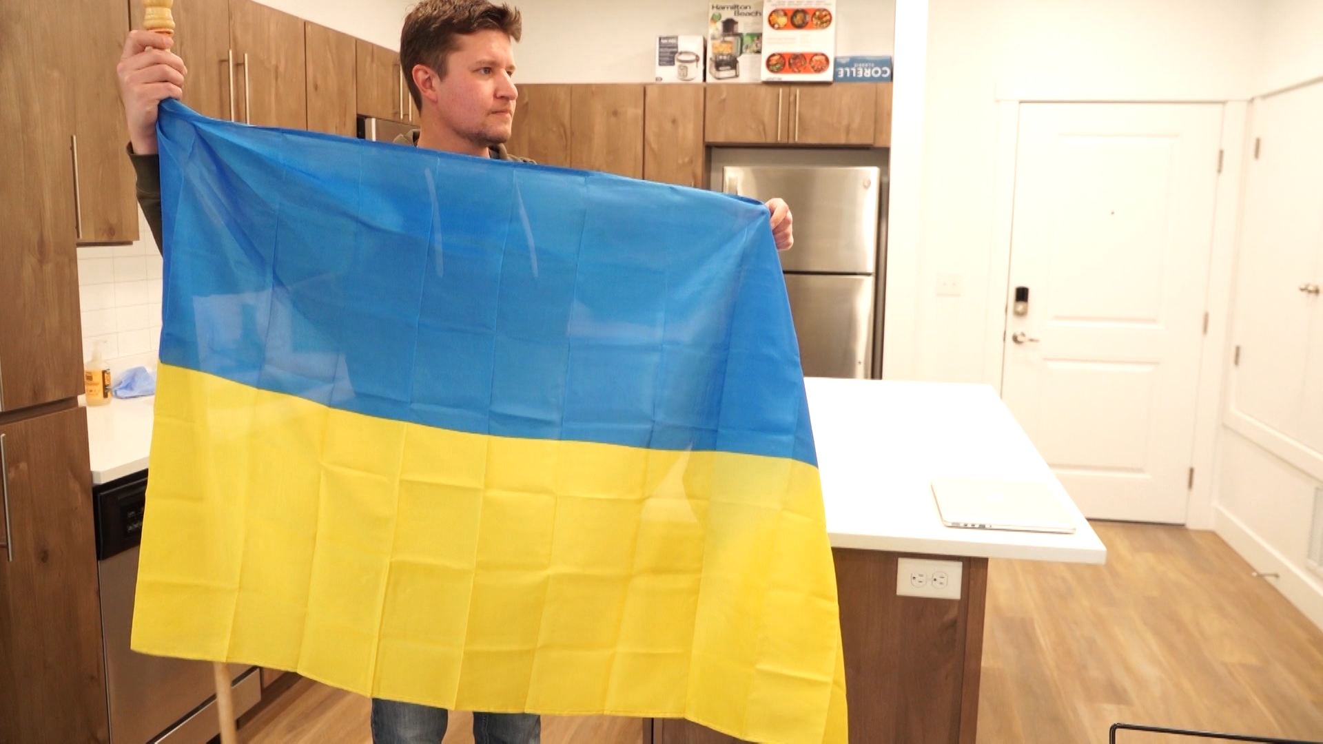 Owen Barrott wants to display the Ukrainian flag on his apartment balcony in a show of support for ...