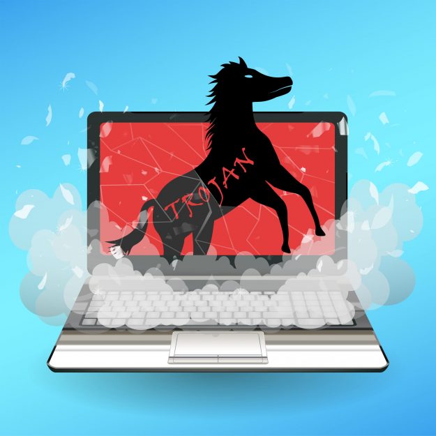 illustration of a trojan horse coming out of a laptop
