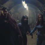 Benedict Cumberbatch as Dr. Stephen Strange, Xochitl Gomez as America Chavez, and Rachel McAdams as Dr. Christine Palmer in Marvel Studios' DOCTOR STRANGE IN THE MULTIVERSE OF MADNESS. Photo courtesy of Marvel Studios. ©Marvel Studios 2022. All Rights Reserved.