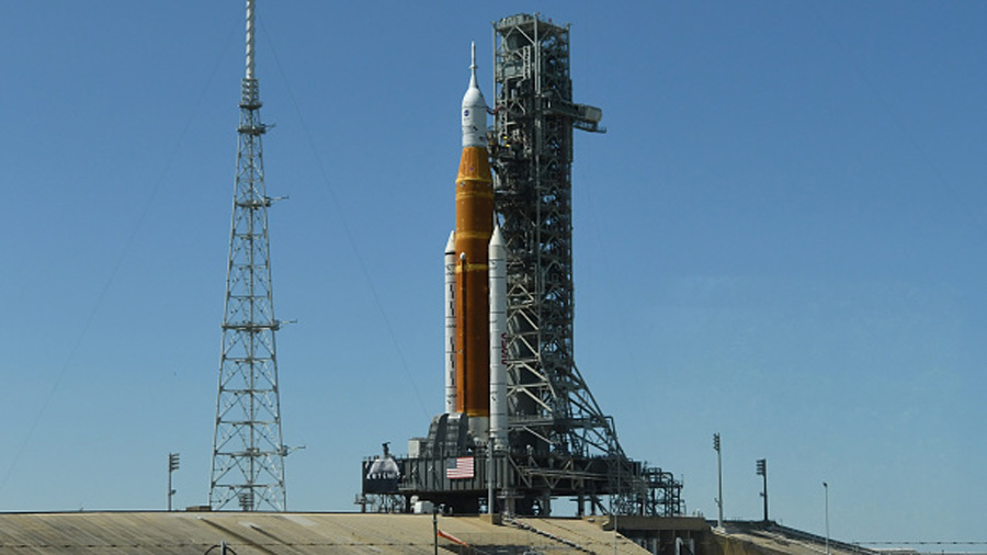 CAPE CANAVERAL, FL - APRIL 8: The Artemis 1 Moon rocket with the Orion capsule sits on Launch Pad 3...