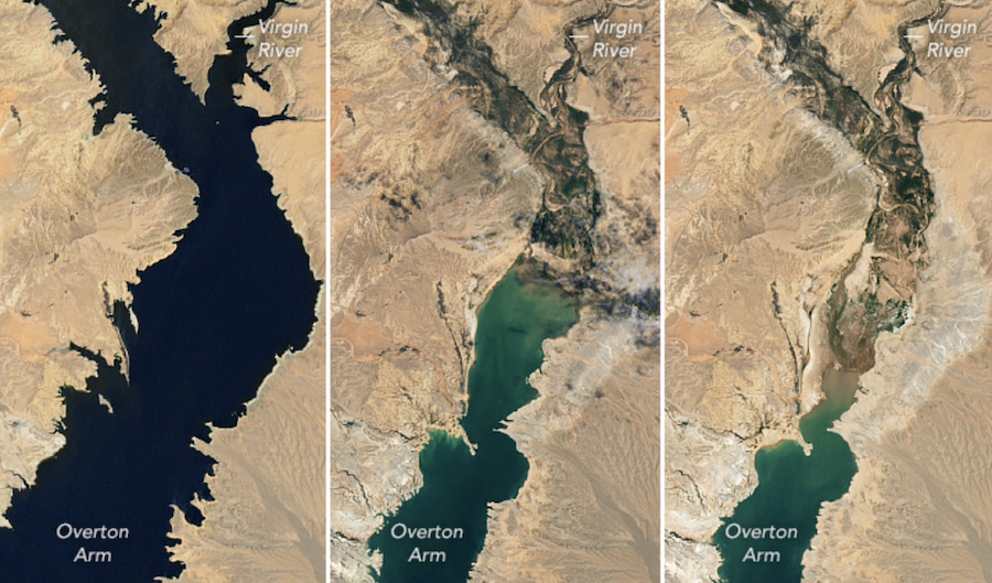 Lake Mead as seen from space in 2000 (left), 2021 (middle) and 2022 (right). (NASA)...