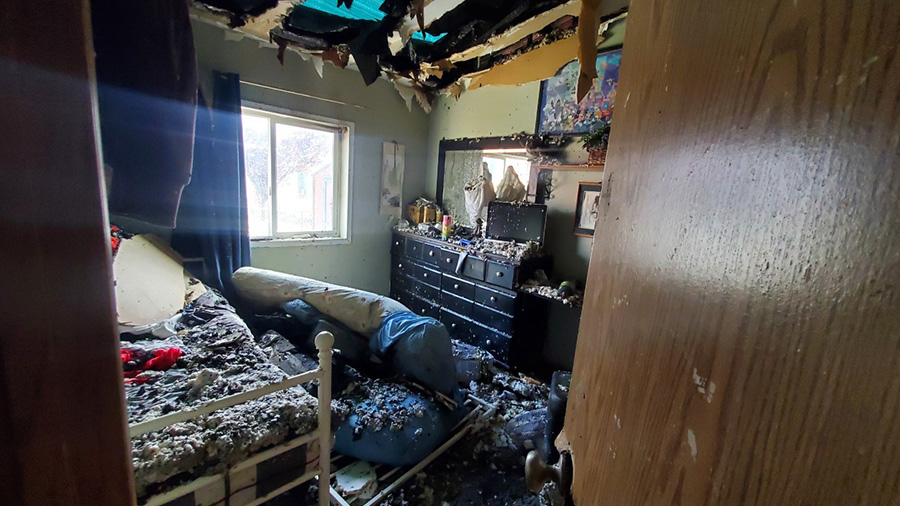 The inside of the mobile home after a firework caught it on fire....