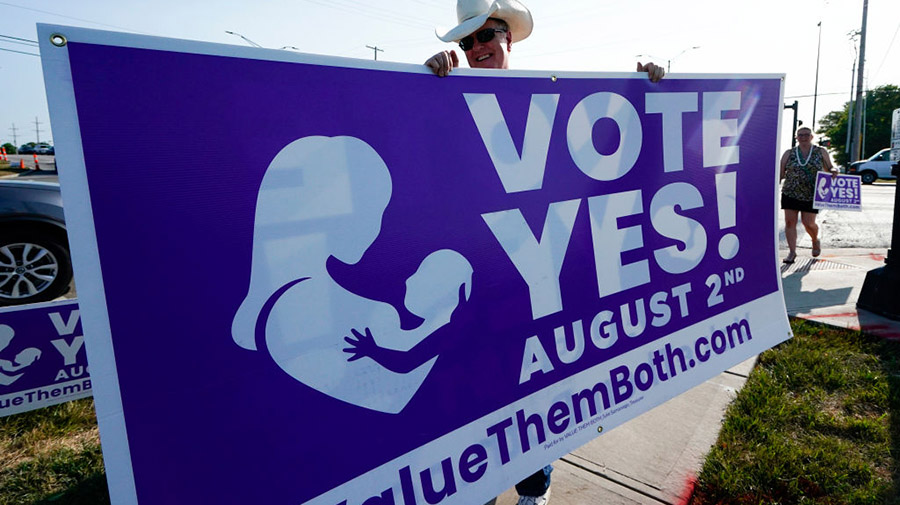Olathe, KANSAS - AUGUST 01: A supporter of the Vote Yes to a Constitutional Amendment on Abortion h...