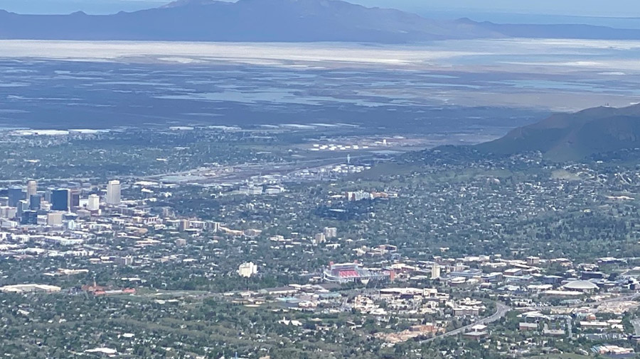 Birds eye view of Salt Lake City on May, 2022....