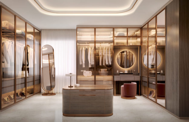 Luxury walk in closet interior with wood and gold elements