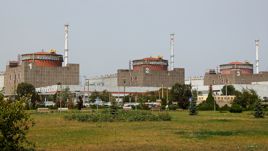 A view shows the Zaporizhzhia nuclear power plant outside the Russian-controlled city of Enerhodar ...