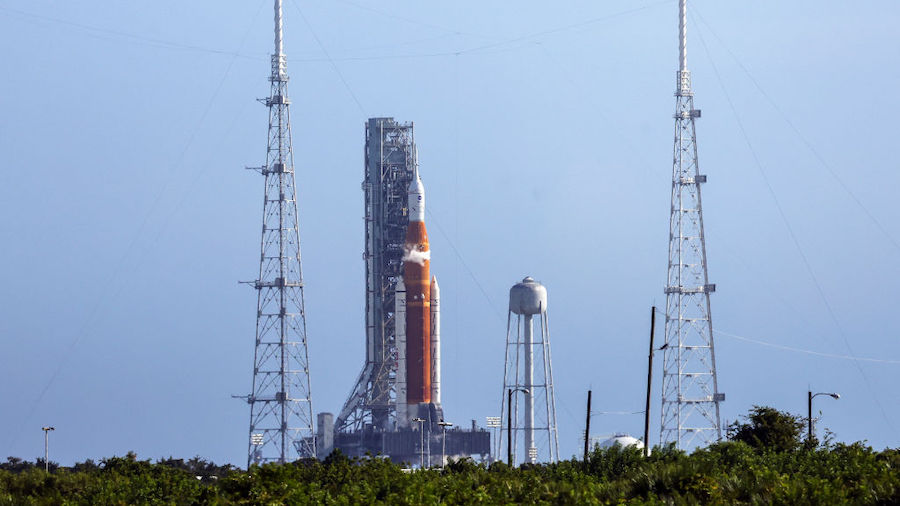 NASA's Artemis I rocket sits on launch pad 39-B at Kennedy Space Center on September 03, 2022 in Ca...