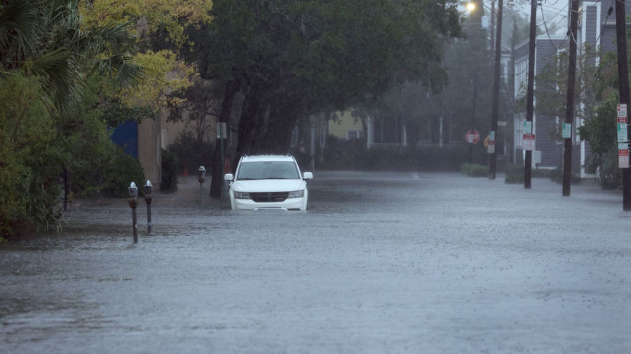Rain from Hurricane Ian floods a street on September 30, 2022 in Charleston, South Carolina. Ian hi...