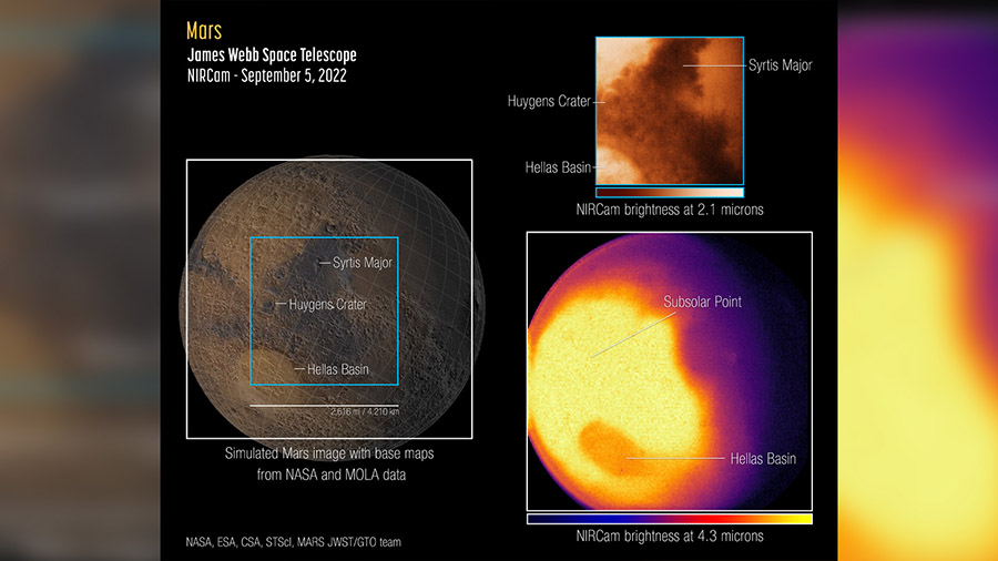 Webb's first images of Mars show the planet's eastern hemisphere in two wavelengths of infrared lig...
