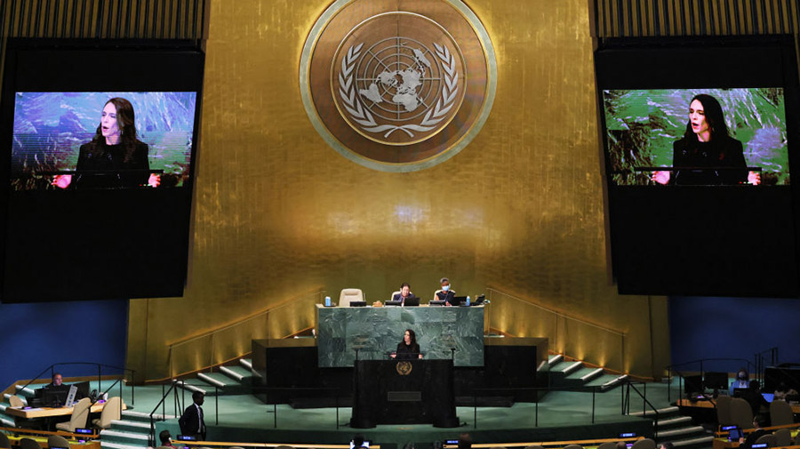 NEW YORK, NEW YORK - SEPTEMBER 23: Prime Minister of New Zealand Jacinda Ardern speaks at the 77th ...