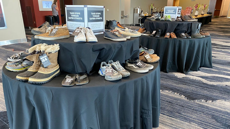 A collection of 45 pairs of shoes honors the 45 individuals killed in auto-pedestrian crashes in Ut...