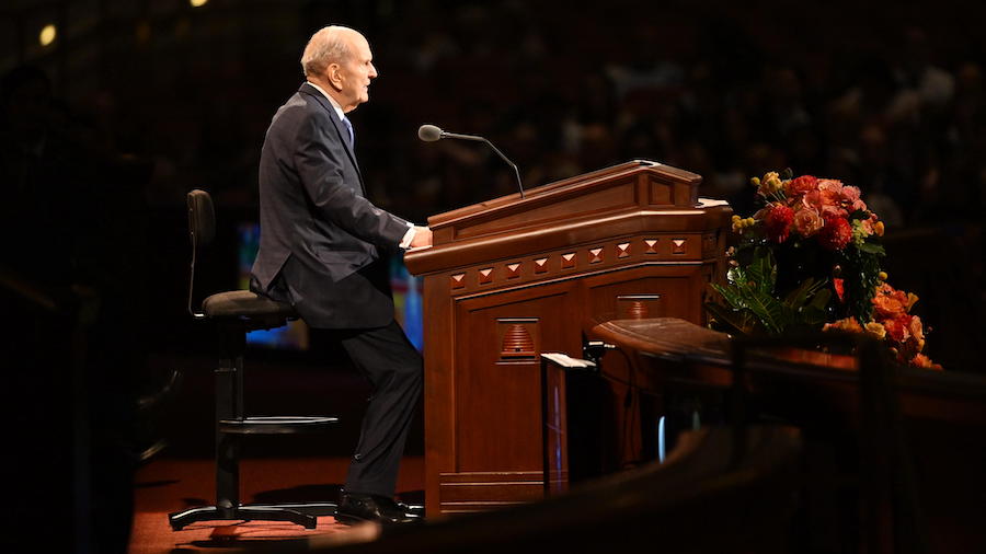 President Russell M. Nelson speaks during the Saturday morning session of the 192nd Semiannual Gene...