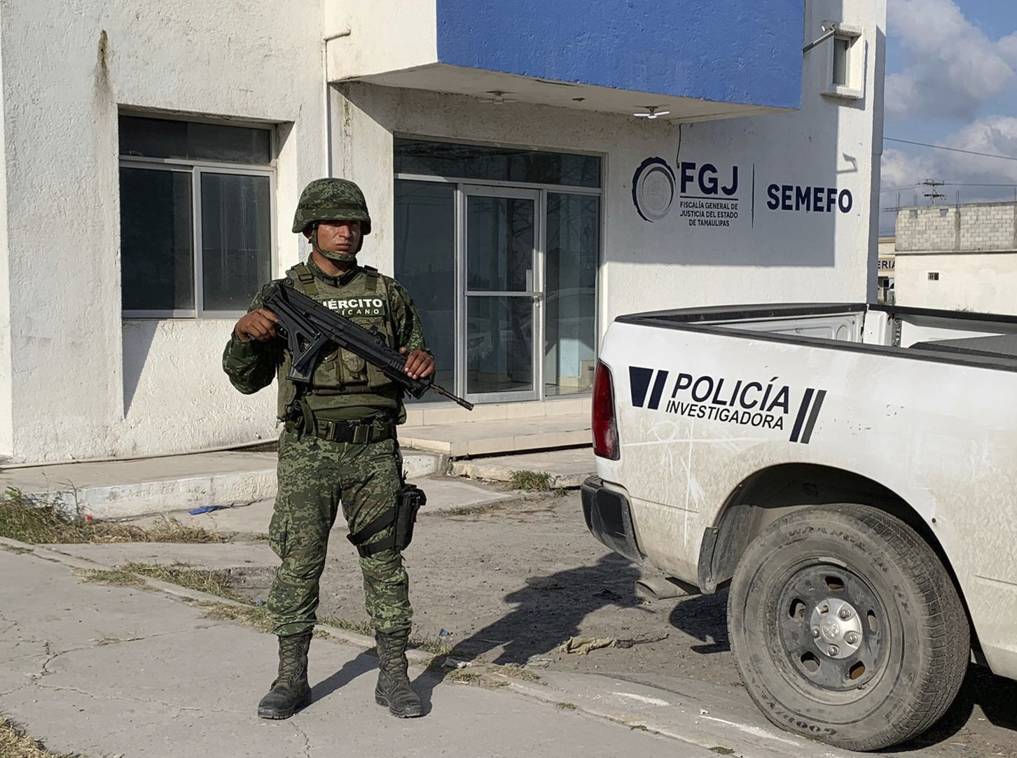 A Mexican army soldier guards the Tamaulipas State Prosecutor´s headquarters in Matamoros, Mexico,...