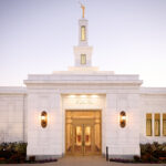 The entrance of the Columbus Ohio Temple following a recent renovation. The single-story structure is 77 feet high, including a statue of Book of Mormon prophet Moroni atop the temple. (Intellectual Reserve, Inc.)