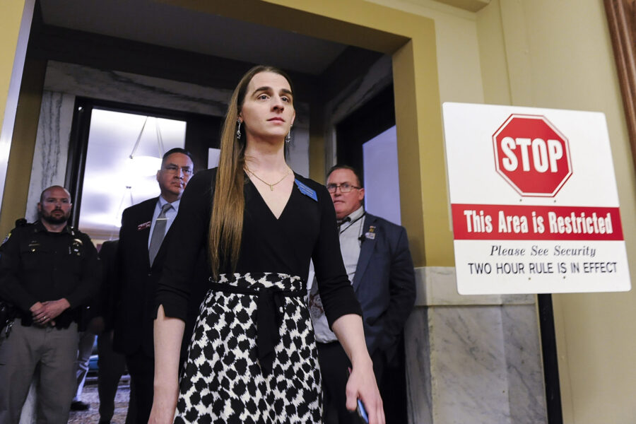 Rep. Zooey Zephyr, D-Missoula, walks out of the Montana House of Representatives after lawmakers vo...