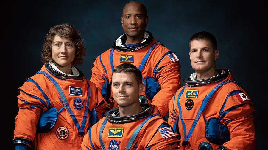 The Artemis II lunar flyby mission crew members include (from left): NASA astronauts Christina Koch...