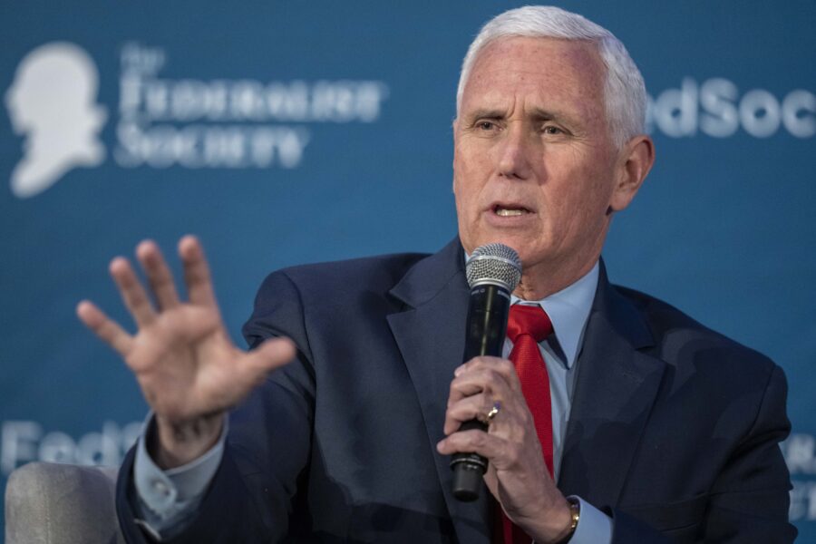 Former Vice President Mike Pence speaks at the Federalist Society Executive Branch Review conferenc...
