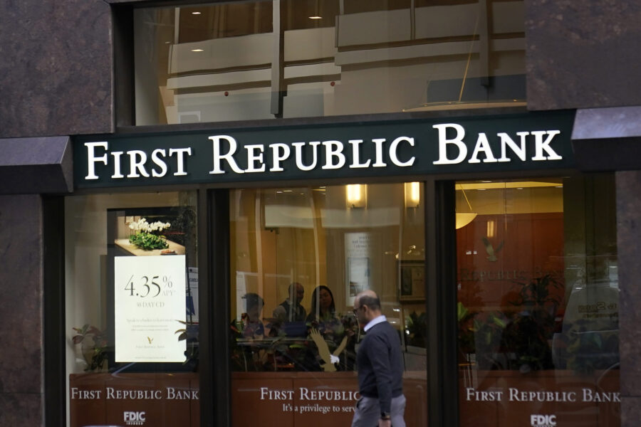 FILE - A pedestrian walks past a First Republic Bank in San Francisco on April 26, 2023. Regulators...
