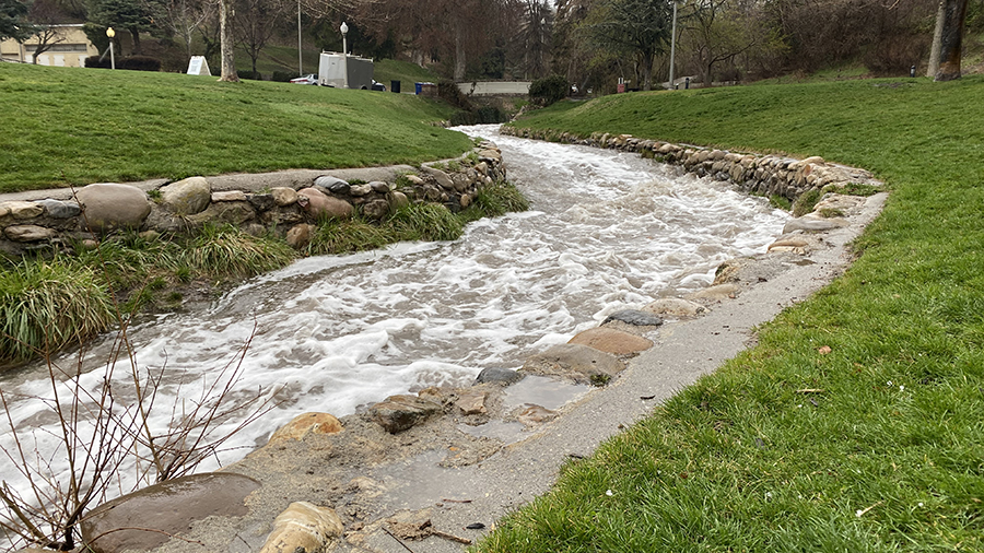 Fast and high water in City Creek flows through Memory Grove Park. (KSL TV)...