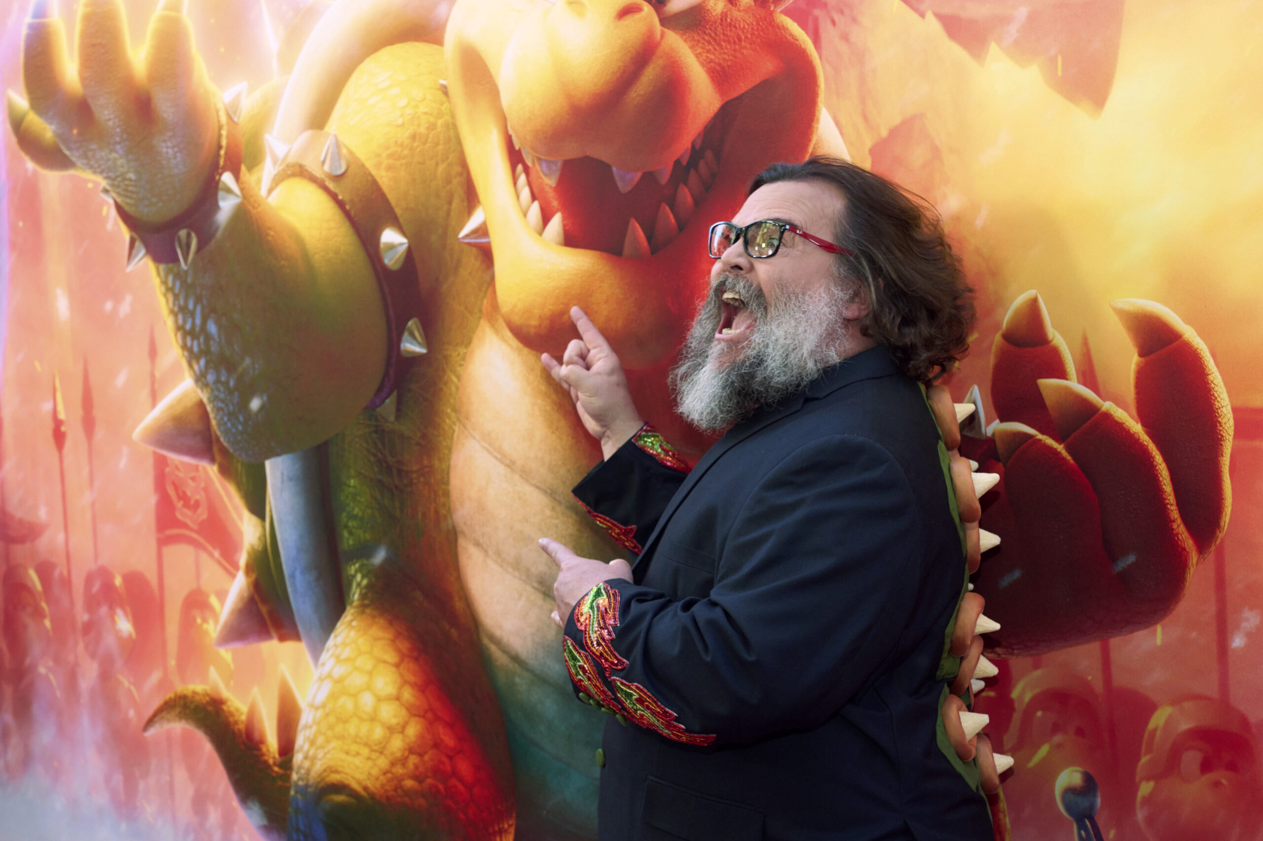 Jack Black arrives at the premiere of "The Super Mario Bros. Movie," Saturday, April 1, 2023, at Re...