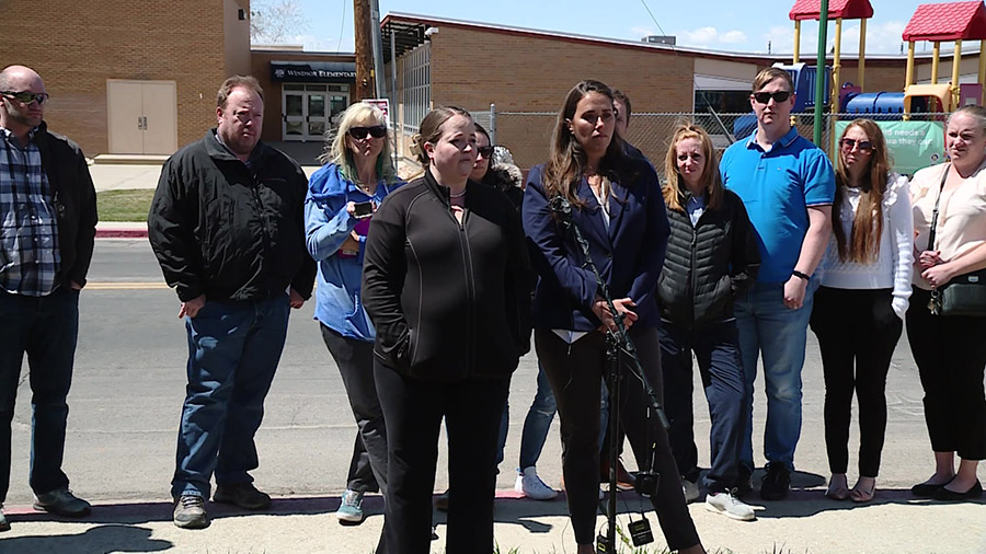 Alpine School District parents outside Windsor Elementary giving their statements on the lawsuit. (...